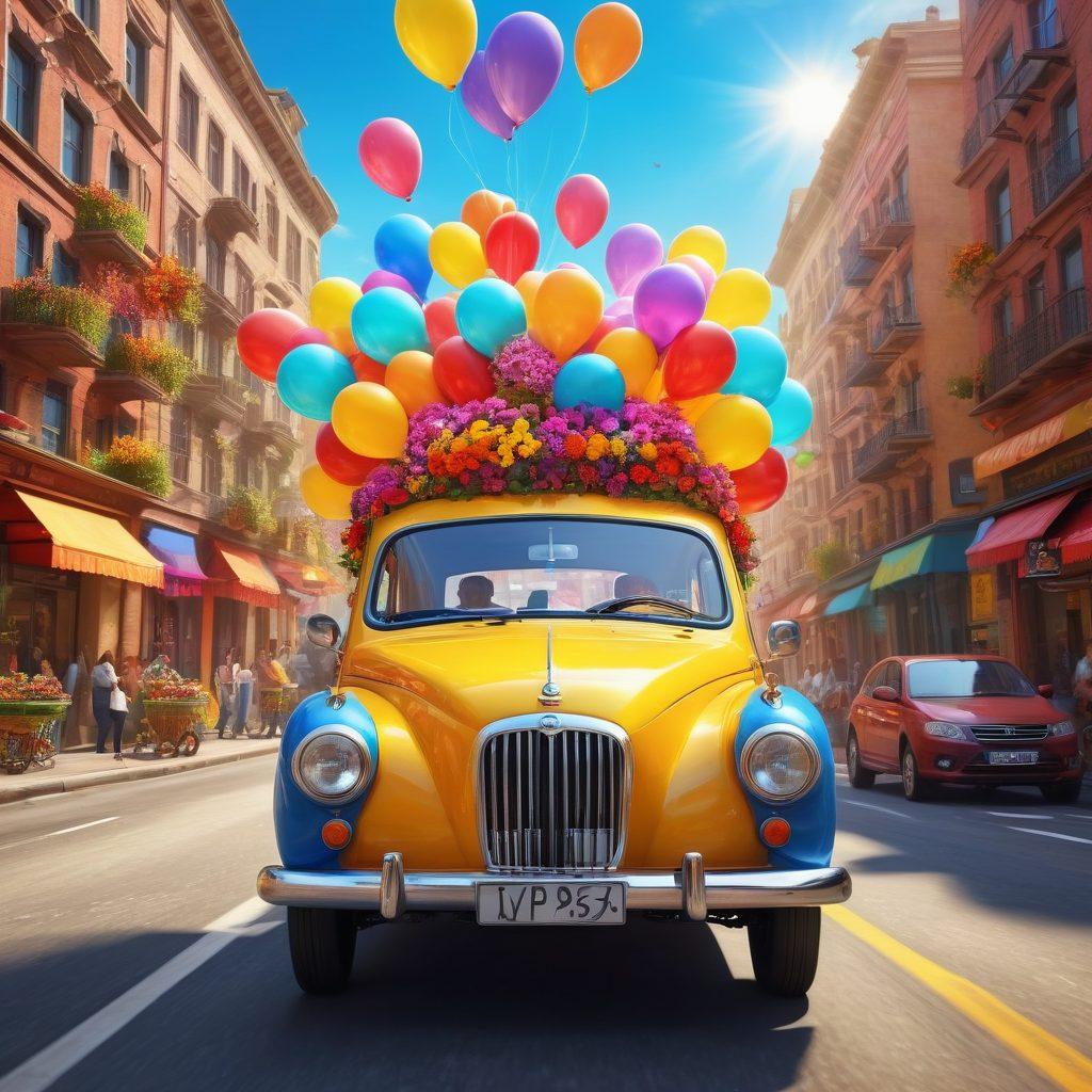 A joyful scene of a colorful Tapsi ride driving through a vibrant cityscape, with cheerful passengers smiling and enjoying their journey. Surrounding elements should include bright flowers, flying balloons, and animated sun rays symbolizing happiness. The background features playful urban architecture and a clear blue sky. The overall mood should be uplifting and energetic. super-realistic. vibrant colors. 3D.