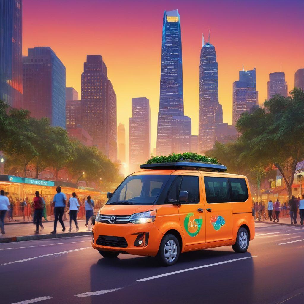 A lively cityscape at dawn featuring diverse groups of people happily boarding a colorful Tapsi ride-share vehicle, with a vibrant skyline in the background. Show cheerful expressions, digital screens displaying Tapsi's logo, and lush greenery along the streets to evoke a sense of community and sustainability. Illustrate the vehicle with dynamic motion lines to suggest speed and efficiency. warm colors. modern illustration. sleek design.