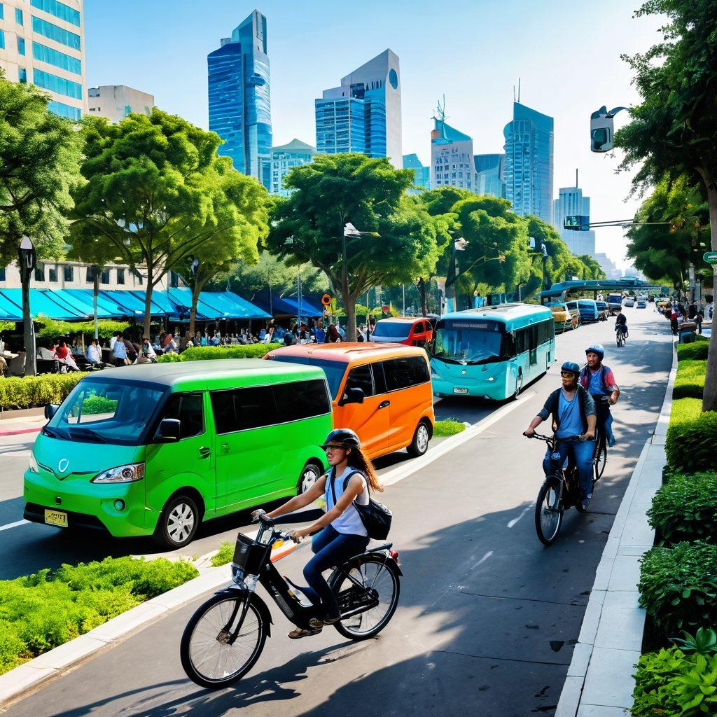 A serene urban scene showcasing a diverse group of people joyfully commuting using Tapsi's services, with colorful, modern transportation vehicles like electric bikes and cars. The backdrop features a vibrant cityscape with lush greenery, comfortable seating areas, and dolphins leaping in the sky, symbolizing freedom and happiness. Add elements like smiling faces and digital maps to emphasize connectivity and ease of travel. bright colors. clean design. lively atmosphere.